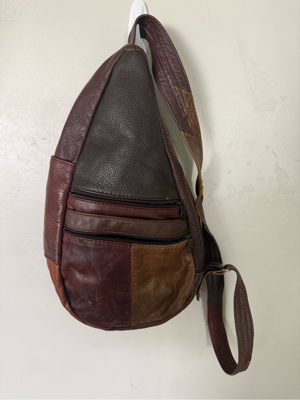 Unisex  Leather Patchwork Sling Bag - Brown Multi